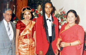 Veteran journalist and film producer Arthur U. Amarasena and his wife actress Sriyani Amarasena with Sudesh and Irosha on their wedding day in Sri Lanka.