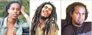 Donisha Prendergast (Left) grand-daughter of late Jamaican musician Bob Marley (Center) and Sri Lankan-born record holder for longest male dreadlocks Sudesh Muthu (Right).