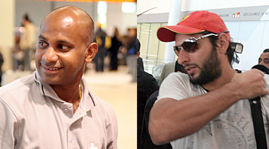 Batsmen Sanath Jayasuriya and Shahid Afridi in Toronto during an international cricket series in 2008. The duo are expected to return to the Canadian city for an All Star T20 tornament in May. (File Pictures by Mahesh Abeyewardene)