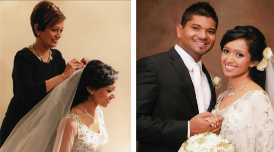LEFT: Bridal dresser Ramani Fernando. RIGHT: Charles Tehan De Mel married Mandeera Anandhi Perera on their wedding day in Colombo. (Pictures by Studio 3000)
