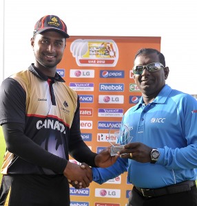 Man of the match was presented to Canada's Ruvindu Gunasekera at the ICC World Twenty20 Qualifier UAE 2012.