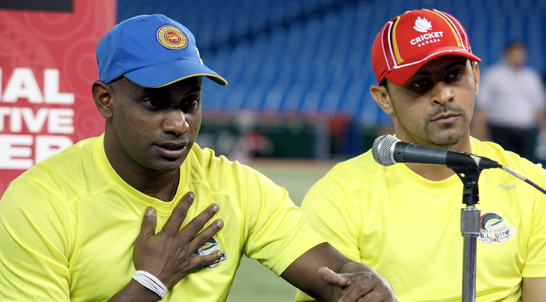 World team captain Sanath Jayasuriya (left) and Canadian skipper Rizwan Cheema (right) during a press conference at the Rogers Center.