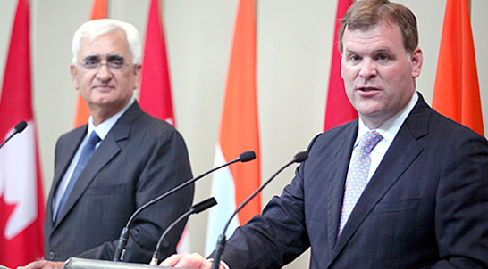 Indian External Affairs Minister Salman Khurshid (left) with Canadian Foreign Minister at a joint news conference in Toronto. (Pictures by Mahesh Abeyewardene)