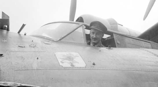 Birchall inside his PBY Catalina in Ceylon.
