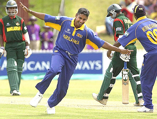 BOWLING INSPIRATION….Chaminda Vaas celebrates a hat-trick off the first three balls of match against Bangladesh in the 2003 ICC World Cup. BOWLING INSPIRATION….Chaminda Vaas celebrates a hat-trick off the first three balls of match against Bangladesh in the 2003 ICC World Cup.
