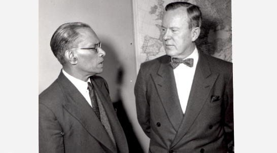 Ceylon Prime Minister SWRD Bandranaike meets with Canadian External Affairs Minister Lester B. Pearson in Ottawa shortly after the resolution of the Suez Crisis in November 1956