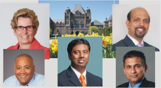 Premier Kathleen Wynne (Top L), Neethan Shan Ontario NDP President (C), PC candidate Ken Kirupa (Top R), PC candidate Shan Thayaparan (Bottom R), Minister Micheal Coteau (Bottom L).