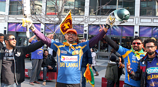 Sri Lankan cricket fans in Toronto's Young-Dundas Square yesterday. (Pictures Lanka Reporter)