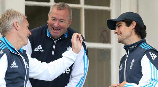 England coaches Peter Moores (L) and Paul Farbrace (C) stand with England captain Alastair Cook as they wait for conditions to improve during the One Day International (ODI) cricket match between Scotland and England at Mannofield, Aberdeen, northeast Scotland on May 9, 2014. AFP Photo England coaches Peter Moores (L) and Paul Farbrace (C) stand with England captain Alastair Cook as they wait for conditions to improve during the One Day International (ODI) cricket match between Scotland and England at Mannofield, Aberdeen, northeast Scotland on May 9, 2014. AFP Photo