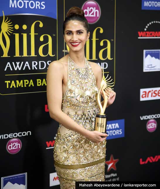 Vaani Kapoor seen backstage with her IIFA award for Best Debut Actress at Raymond James Stadium in Tamp Bay, Florida.