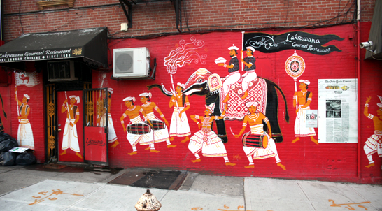 Exterior of Lakruwana Restaurant in Staten Island painted with the theme of Kandy Perhera Pageant. Picture by Mahesh Abeyewardene 