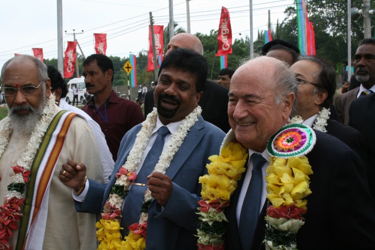 OPEN IN JAFFNA ---FIFA President - Joseph S. Blatter, FFSL President - Ranjith Rodrigo and Chief Minister of the Northern Province, Justice Vigneswaran open Sri Lanka’s first-ever purpose built football training facility in Ariyalai, Jaffna. (Picture by FIFA for lankareporter.com)