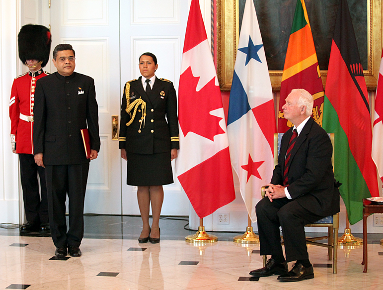 Sri Lanka’s new High Commissioner to Canada Ahmed Jawad presents his credentials to the Governor General of Canada David Johnston in Ottawa. (Pictures by Mahesh Abeyewardene)