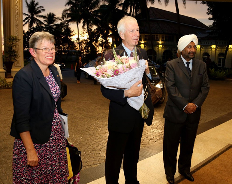 Canada's High Commissioner Shelley Whiting and Foreign Minister Dion warmly recieved at Taj Samudra Hotel in Colombo.