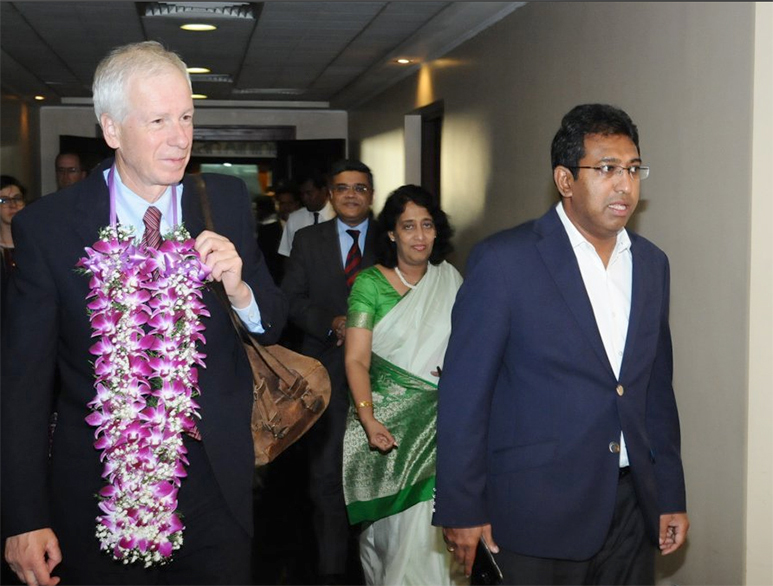 Dion arrives at Colombo airport recieved by Deputy Minister Harsha De Silva, Foreign Secretary Chitranganee Wagiswara and Ahmed Jawad Sri Lanka's High Commissioner to Canada.