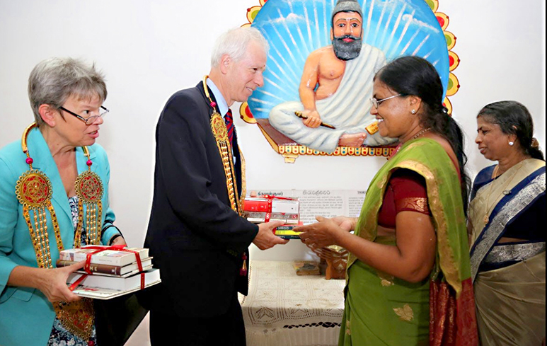 Dion donates Canadian award winning books to the Jaffna Library.