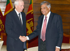 Dion shakes hands with Prime Minister Ranil Wickramsinghe ahead of meeting at Temple Trees. (Handout)