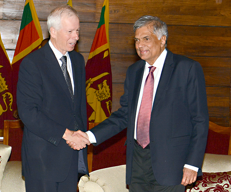 Dion shakes hands with Prime Minister Ranil Wickramsinghe ahead of meeting at Temple Trees. (Handout)