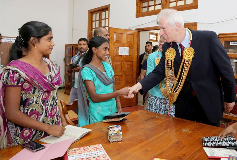 Dion speaks to students at Jaffna Library.