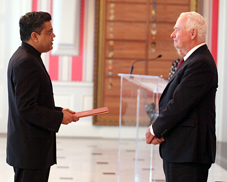 Sri Lanka’s new High Commissioner to Canada Ahmed Jawad presents his credentials to the Governor General of Canada David Johnston in Ottawa in October.