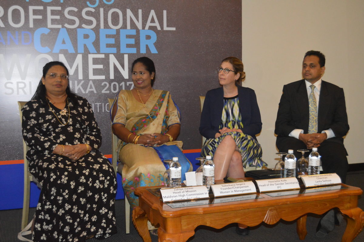 L to R: H E Zahiya Zareer, Head of Mission Maldivian High Commission in Colombo, Sri Lanka, Dr. Sulochana Segera Founder/Chairperson of Women in Management, Henriettte Kolb, Head of the Gender Secretariat, at IFC, Dr. Rohantha Athukorala Chairman Panel of Judges CEO Coral