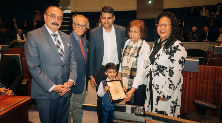 Late Srimal Abeyewardene's family receiving the award from NEPMCC's Mohammad Tajdolati, Sheref Sabawy Parliamentary Assistant to the Minister of Citizenship and Multiculturalism, MPP Mississauga – Erin Mills and Andrea Haazell, MPP Scarborough-Guildwood. (Pictures by Ishkhan Ghazarian)