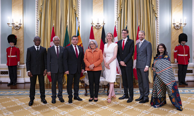 Mary Simon, Governor General of Canada, welcomed seven new heads of mission to Canada during a ceremony at Rideau Hall. The following new heads of mission to presented their credentials: Ngole Philip Ngwese High Commissioner for Cameroon, ULM Jauhar High Commissioner of Sri Lanka, His Excellency Can Dizdar Ambassador of the Republic of Türkiye, Tjorven Bellmann and Excellency Matthias Lüttenberg Ambassadors of the Federal Republic of Germany, Jarl Kåre Frijs-Madsen Ambassador of Denmark, Nahida Sobhan High Commissioner for Bangladesh. 

 