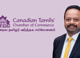 Canadian Tamils's Chamber of Commerce logo in English and Tamil and New President Ari A. Ariaran.